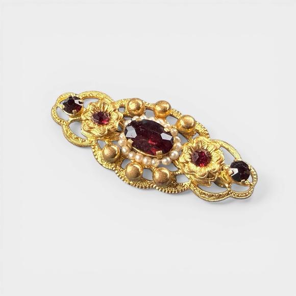 Vintage Czech Garnet Glass Brooch Seed Pearl Filigree Bar Pin Bohemian Jewelry - Picture 3 of 7